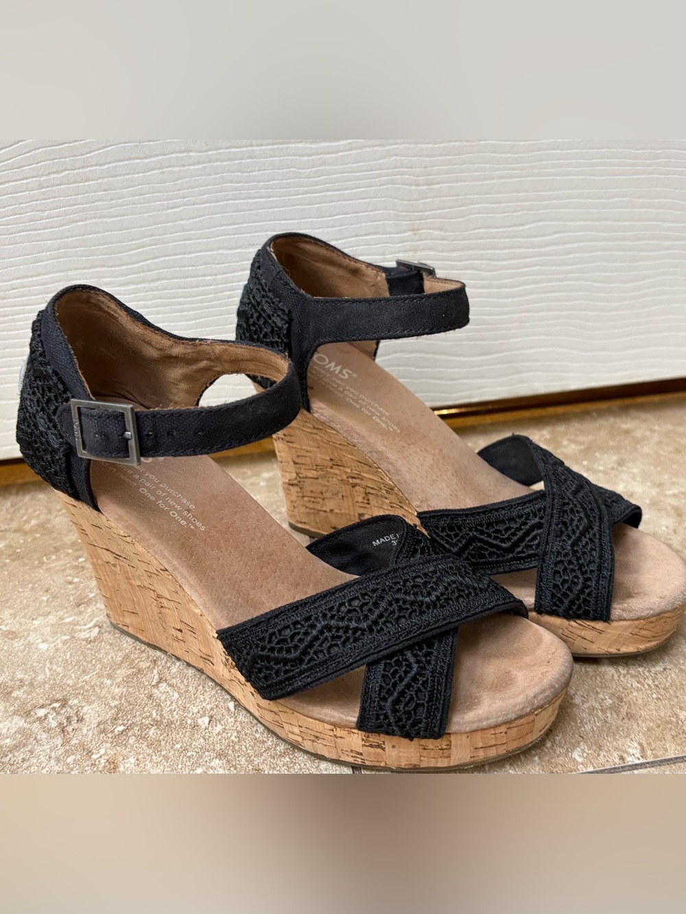 Toms Black Crochet Strap Cork Wedge Sandals
